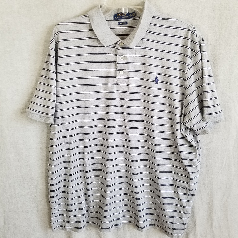 Polo Ralph Lauren Men's XL Gray Striped Polo Shirt Preppy Classic Fit Golf